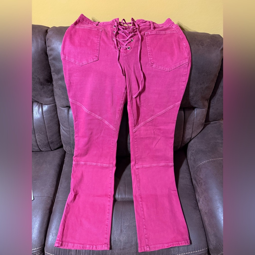Fashion Nova Fuchsia Lace-Up Straight Leg Pants